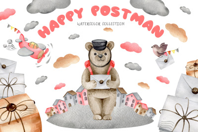 Happy postman. Clipart of watercolor illustrations.