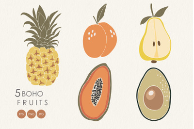 5 Boho fruits clipart, Tropical fruits elements, Summer clip art