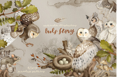 Owls Watercolor forest. Birds clipart and patterns