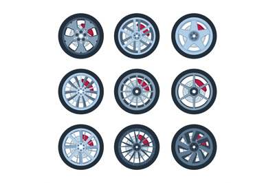 Wheels with brake pads. Modern vehicle wheels circle round forms detai