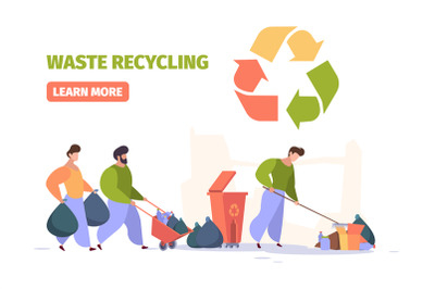 Waste recycling. People save nature cleaning plastic waste disposables