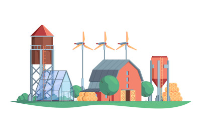 Agricultural background. Farm rural buildings windmill and vehicles ga