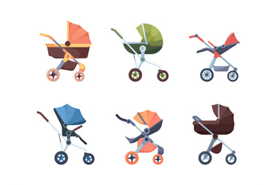 Baby carriage. Cute transport for new born children garish vector colo