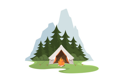 Camping background. Landscape with mountain campfire and protection te