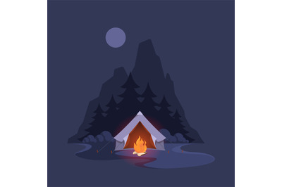 Night camp tent. Dark landscape with mountain trees and shelter advent