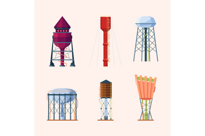 Water towers. Reserve of water for town big steel or wooden tank high