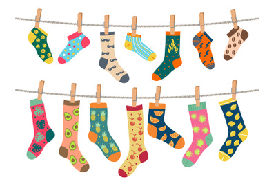 Socks on rope. Warm clothes with funny patterns comfortable socks laun