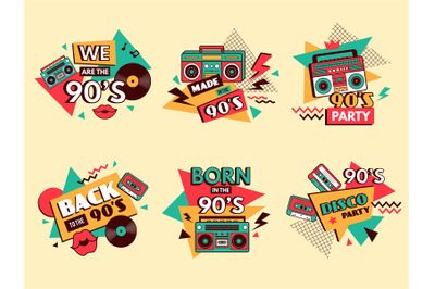 Retro 90s labels. Colored badges vintage old school style fashion elem