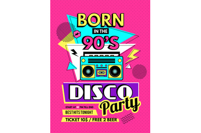 Retro poster. 80s style placard party invitation 90s music elements ra