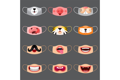 Cute face mask. Funny smile different animals and kids mouth print des