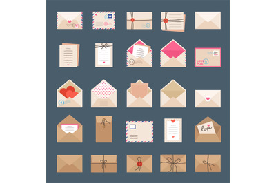 Envelopes and letters. Mail signs labels greeting cards romantic stamp