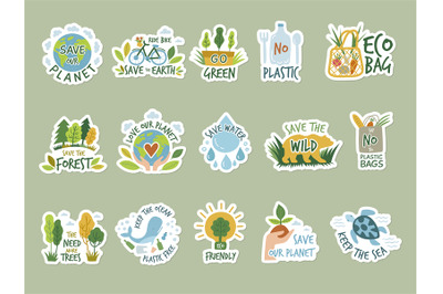 Ecology stickers. Save green earth planet clean environment eco labels