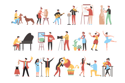 Creative occupation. Art work hobbies freelance artistic characters de