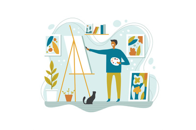 Artist working. Painter making creative illustration character holding