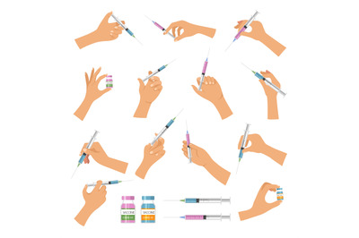 Hand holding syringe. Doctor make vaccination patient laboratory resea