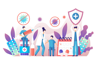 Vaccination people. Prevention covid healthcare symbols persons make v