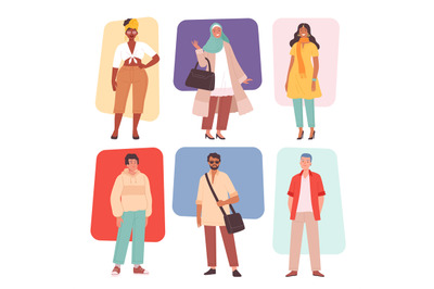 Multiracial fashion. Casual multicultural characters male and female c