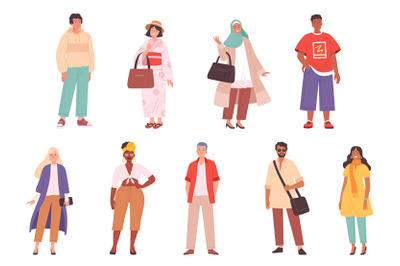 Multiracial characters. Fashioned outfit person various clothes in cas