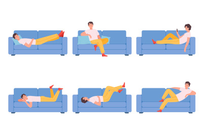 Man on couch. Relaxing different poses characters sitting on sofa pers