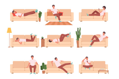 Person relaxing on sofa. Man sitting on couch sleeping thinking charac