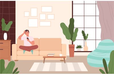 Man on couch relax. Person seating in comfortable living room leisure