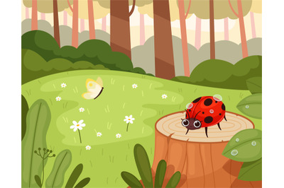 Ladybug in wood. Green natural park with funny insects warm garden out