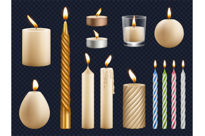 Realistic candles. Church wax candles collection birthday celebration