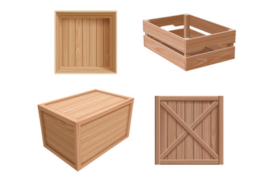 Wooden boxes. Freight containers open and closed for fragile gifts pac