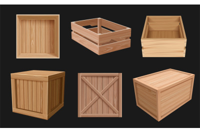 Wooden containers. 3d boxes for fragile products empty packages variou