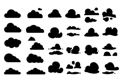 Black clouds. Cloud icons collection&2C; isolated flat sky elements. Weat