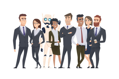 Business team portrait. Modern office group, managers and robot. Happy