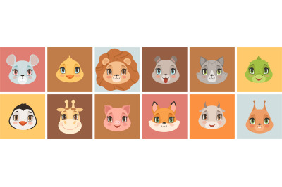 Cute baby animal faces. Animals emoticons&2C; funny lion giraffe cat red