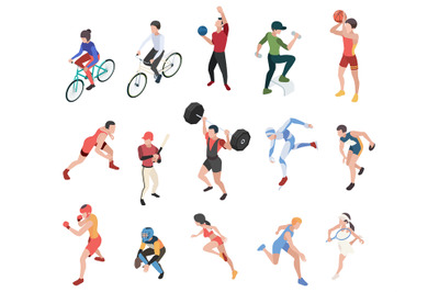 Diverse isometric sport characters. Runner, tennis player, basketball