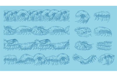 Drawing ocean waves. Seamless pattern or border wave and elements. Sea