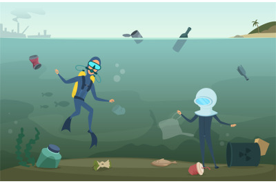 Ecology problems. Water pollution, scuba divers in ocean collect waste