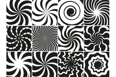 Hypnotic shapes collection. Radial black white abstract spirals, geome