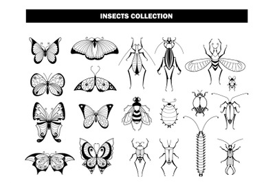 Insect collection. Butterfly beetle dragonfly&2C; black insects silhouett