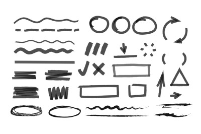 Markers line and tick marks. Pencil, highlighter elements. Drawing bus