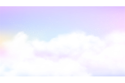 Pastel sky background. White clouds on rainbow color backdrop. Magic n