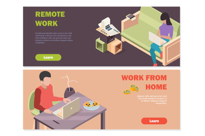 Remote work banners. Isometric people working from home. Man woman wit