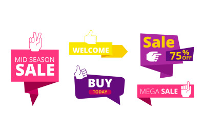 Sale banners. Welcome&2C; discount stickers with like hand signs. Recomme