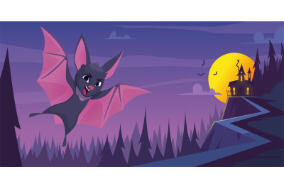 Bat background. Scary flying wild animal in night landscape exact vect