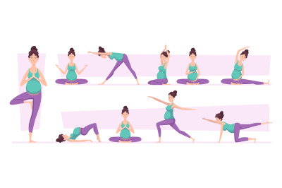 Pregnant yoga woman. Sport poses relaxed characters yoga recreation po