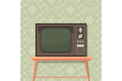 Tv on table. Retro background with old tv set for entertainment commun