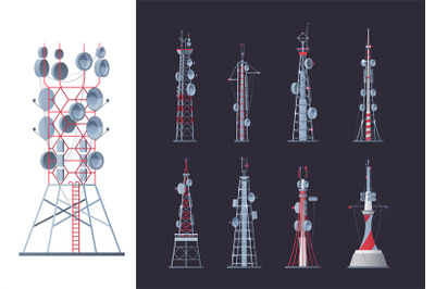 Wireless towers. Network communication buildings modern outdoor smart