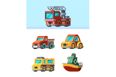 Children toys. Stylized vehicles in cartoon style different transport