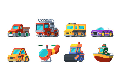 Toys vehicles. Mini transport cars boats airplanes bus trucks garish v