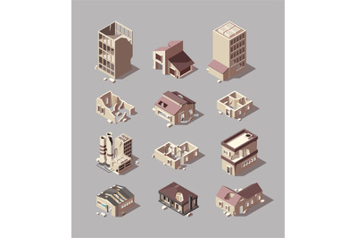 Destroyed buildings. Damaged urban isometric architectural objects bad