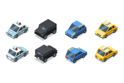 Isometric cars. Front and back side views of urban vehicles garish vec