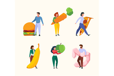 Characters with food. People holding natural products vegetables and f